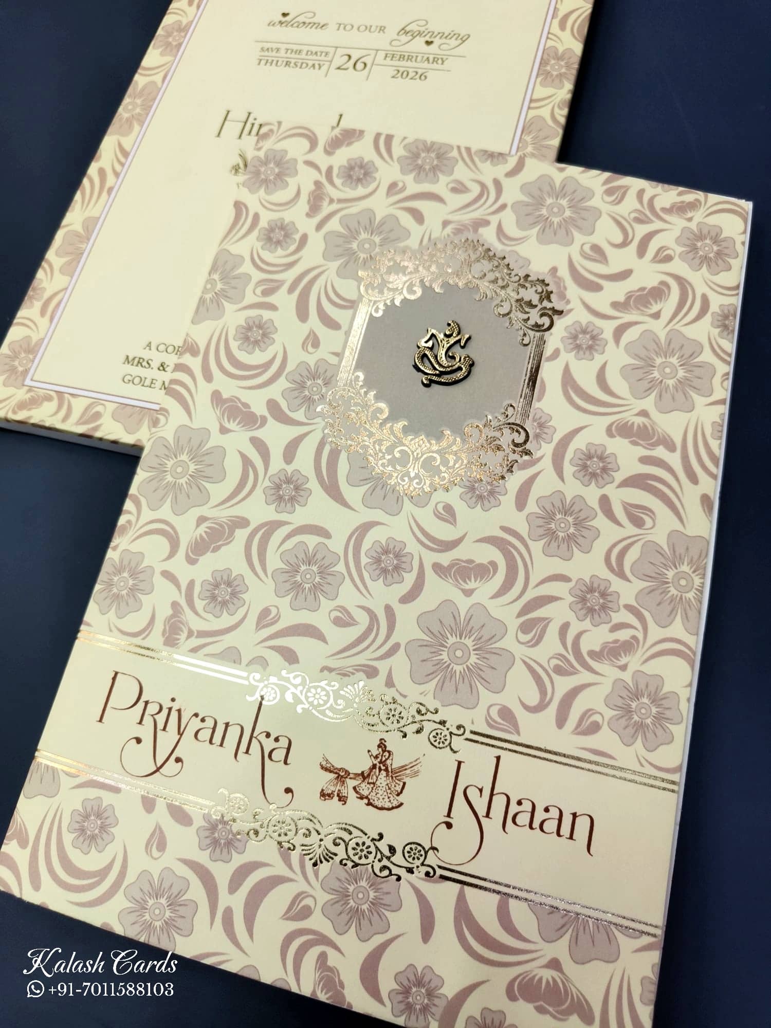 KLB674 Floral Design Yellow Color Semi Box Wedding Card (2 Page)