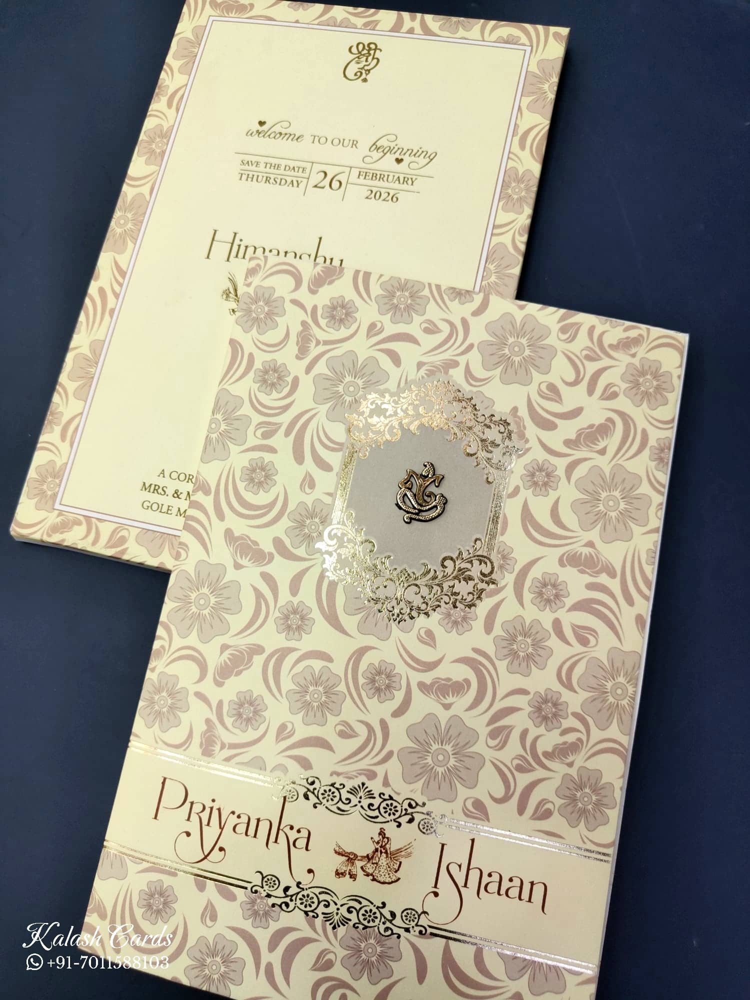 KLB674 Floral Design Yellow Color Semi Box Wedding Card (2 Page)
