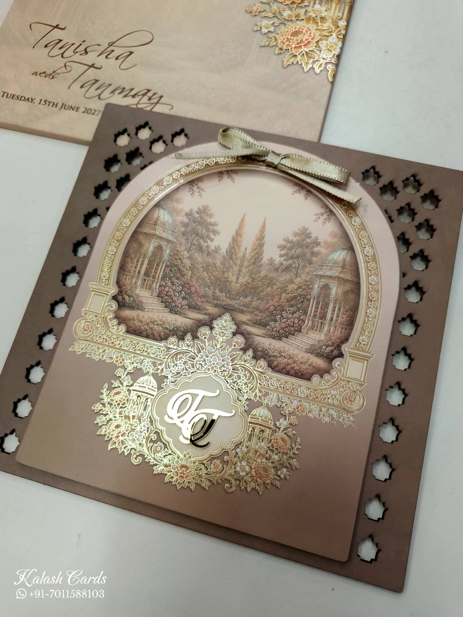 KLB675 Royal Fort Design Brown Color MDF Thick Wedding Card (2 Page & 1 Couple Name Acrylic)