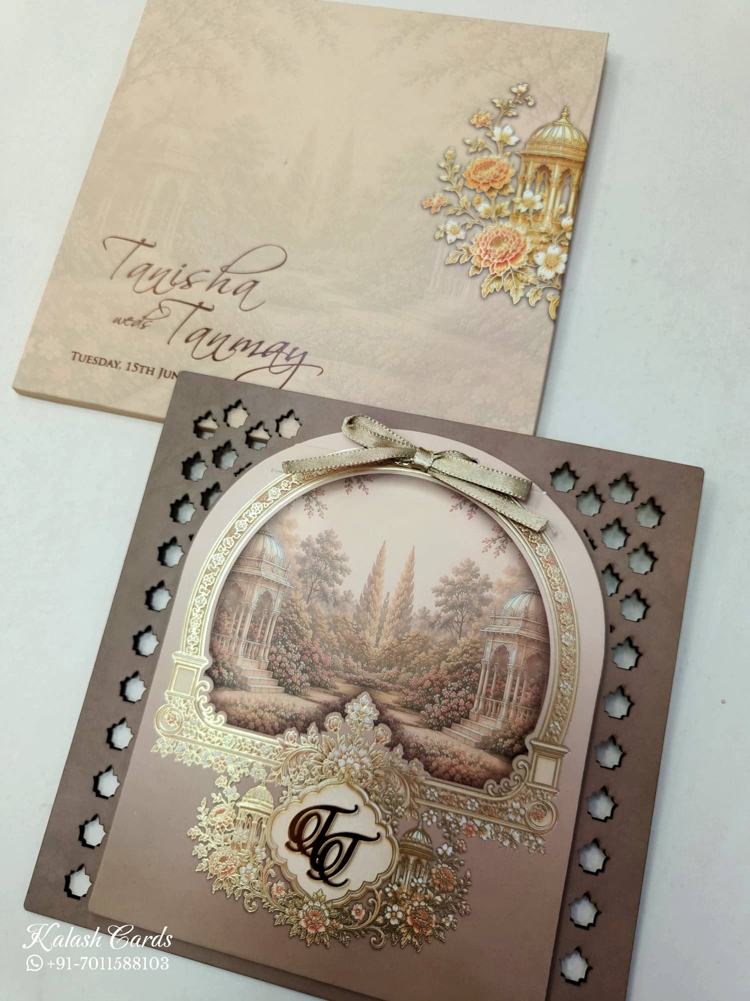 KLB675 Royal Fort Design Brown Color MDF Thick Wedding Card (2 Page & 1 Couple Name Acrylic)
