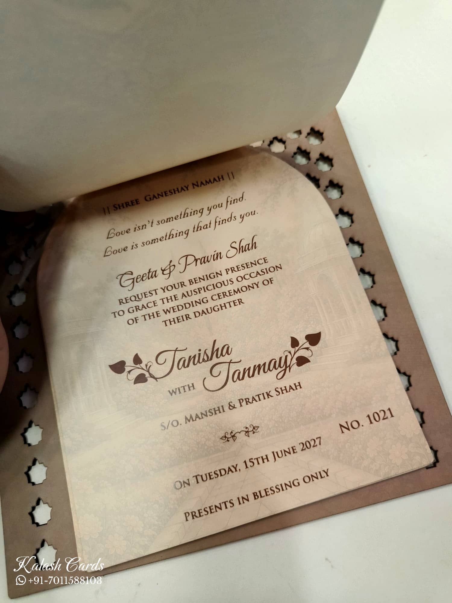 KLB675 Royal Fort Design Brown Color MDF Thick Wedding Card (2 Page & 1 Couple Name Acrylic)
