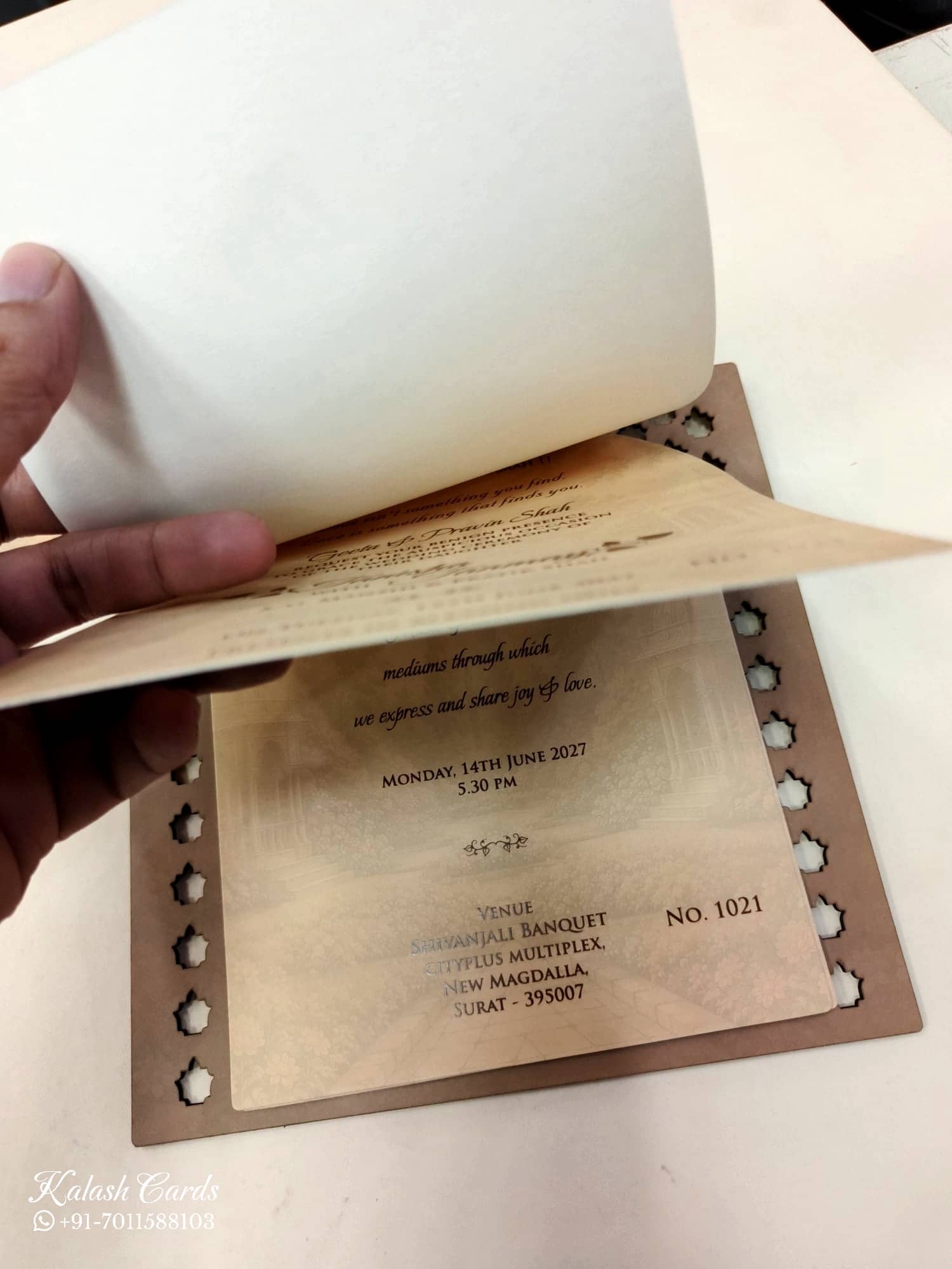 KLB675 Royal Fort Design Brown Color MDF Thick Wedding Card (2 Page & 1 Couple Name Acrylic)