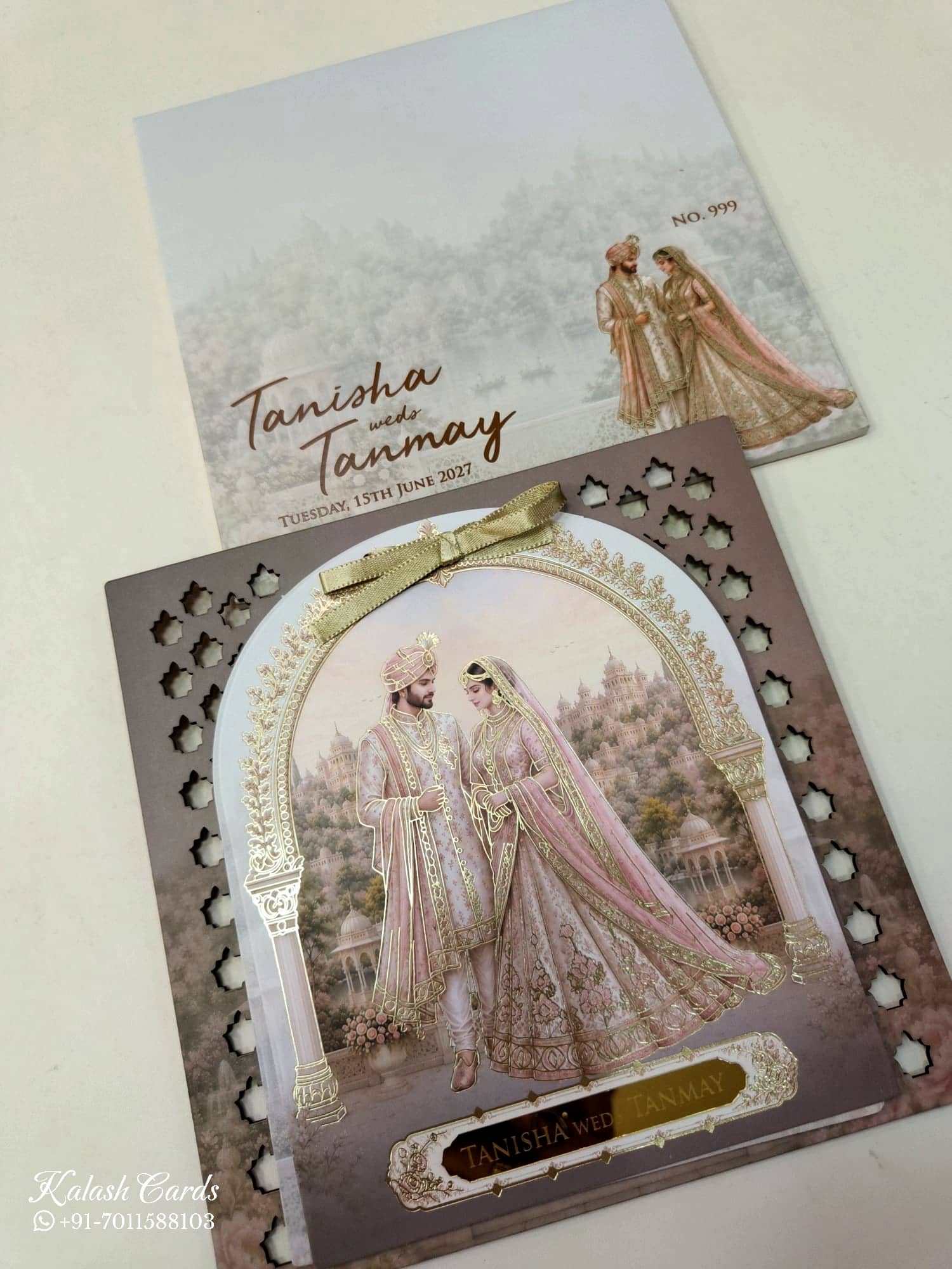 KLB676 Raja Rani Royal Fort Design Brown Color Laser Cut MDF Thick Wedding Card (2 Page & Couple Name Acrylic)