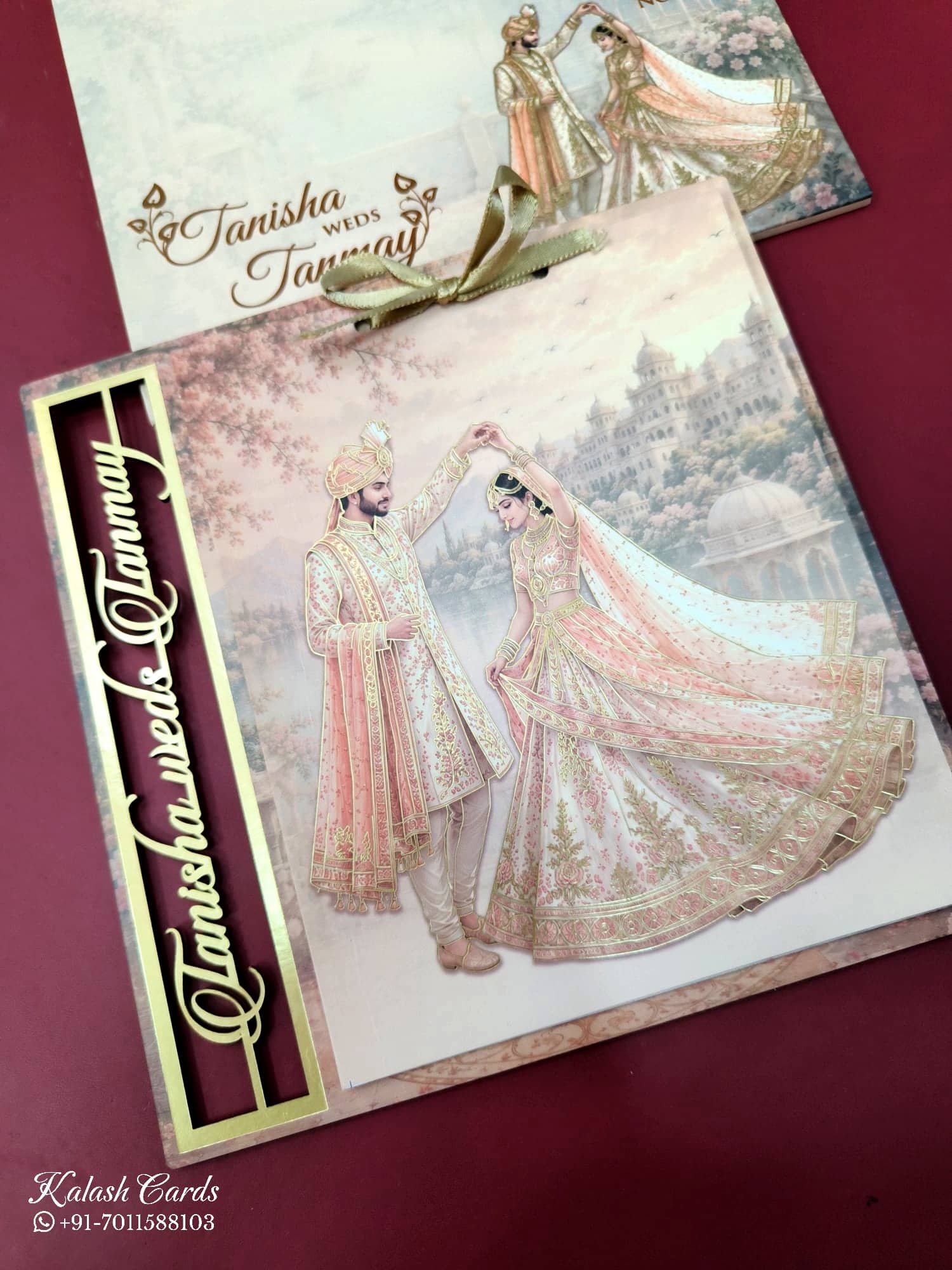 KLB677 Raja Rani Design Creme Color Couple Name Laser Cut MDF Thick Wedding Card (2 Page)