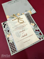 KLB678 Floral Design Green Color Laser Cut MDF Thick Wedding Card (2 Page)