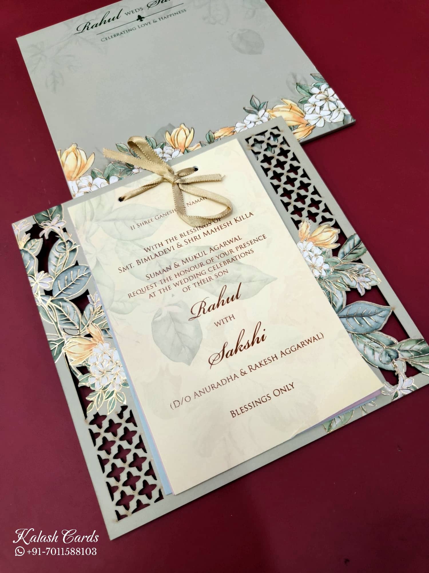 KLB678 Floral Design Green Color Laser Cut MDF Thick Wedding Card (2 Page)