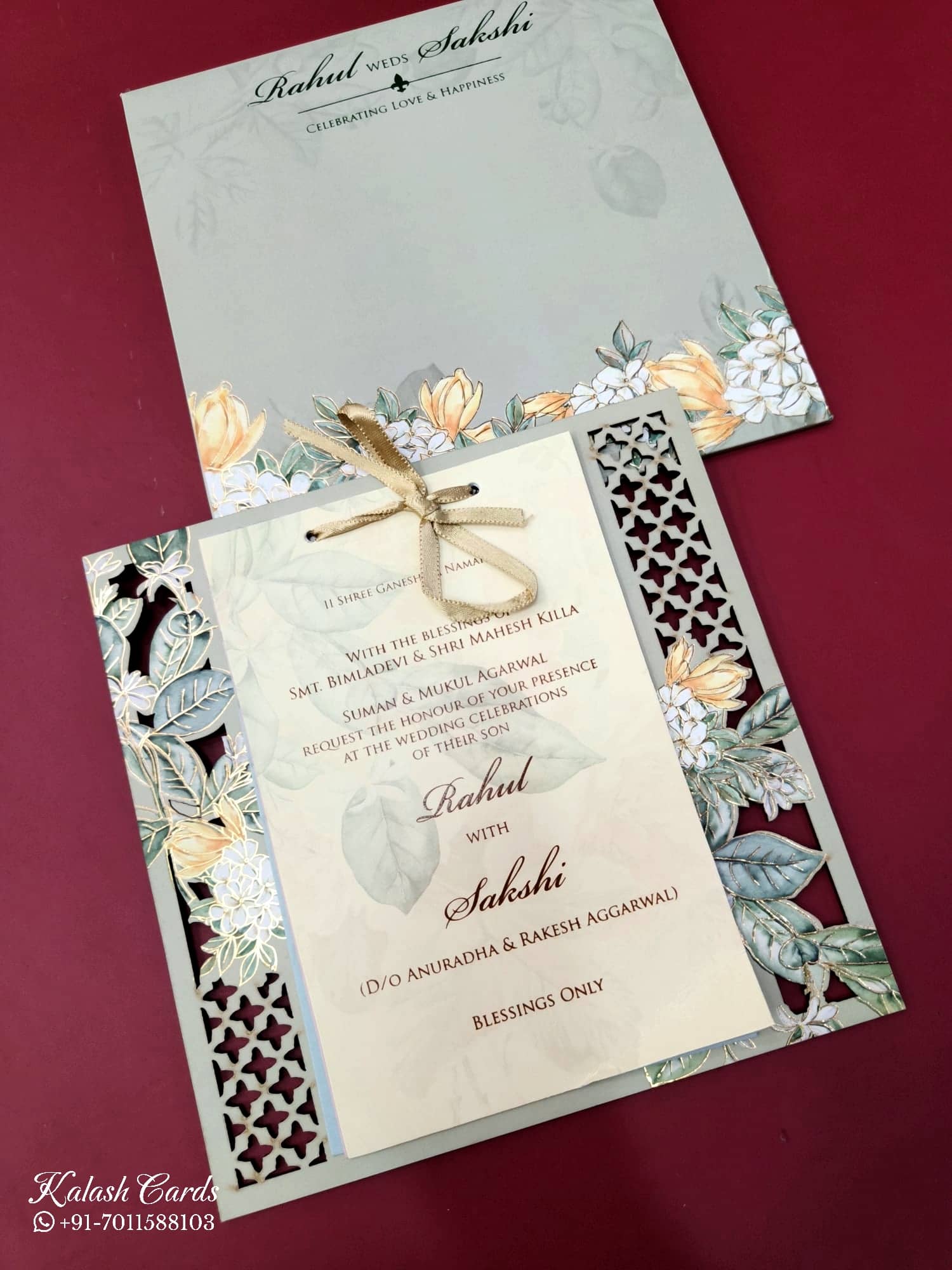 KLB678 Floral Design Green Color Laser Cut MDF Thick Wedding Card (2 Page)
