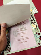 KLB678 Floral Design Green Color Laser Cut MDF Thick Wedding Card (2 Page)