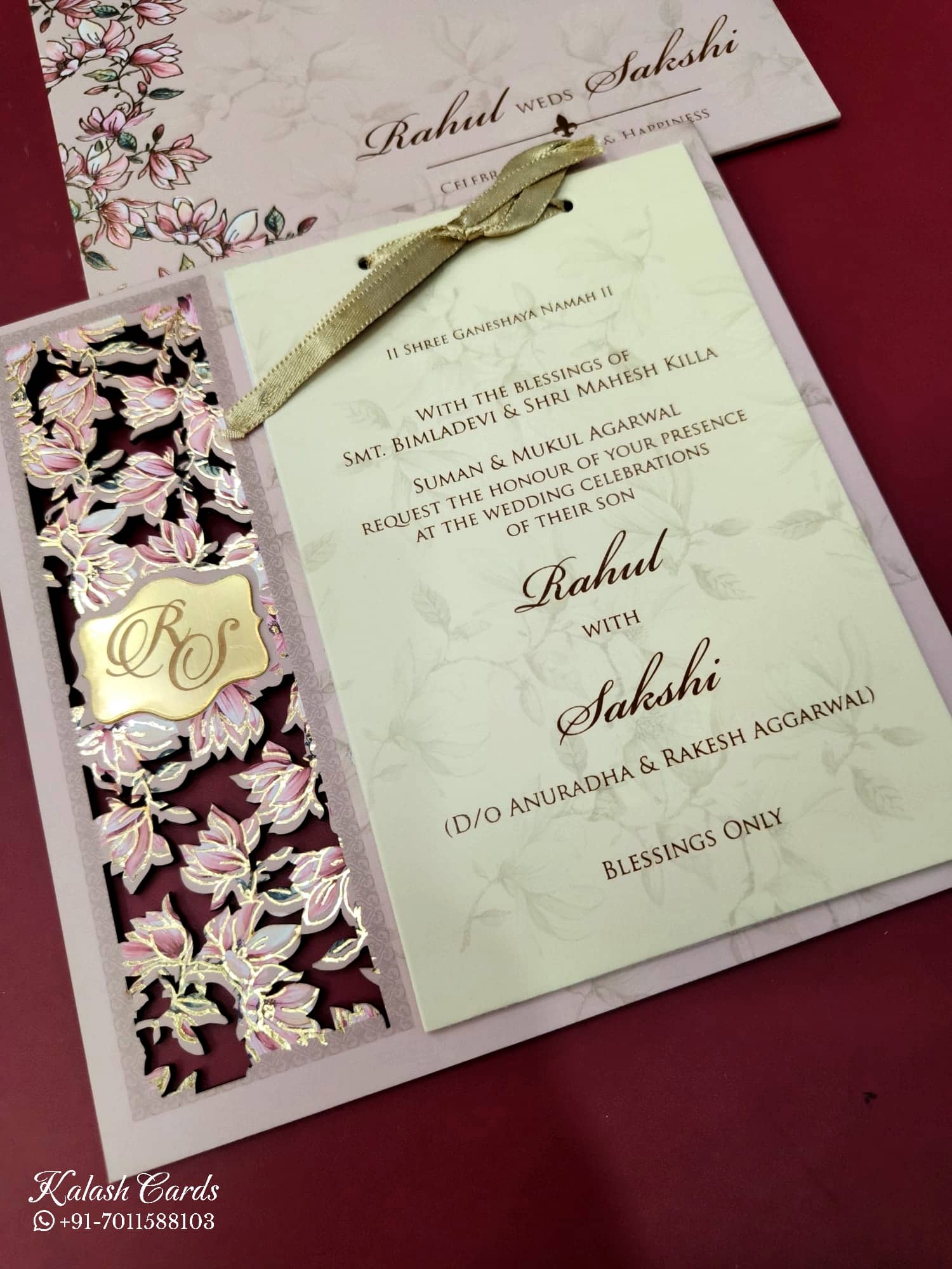 KLB679 Floral Design Pink Color Laser Cut MDF Thick Wedding Card (2 Page & Couple Initial Acrylic)