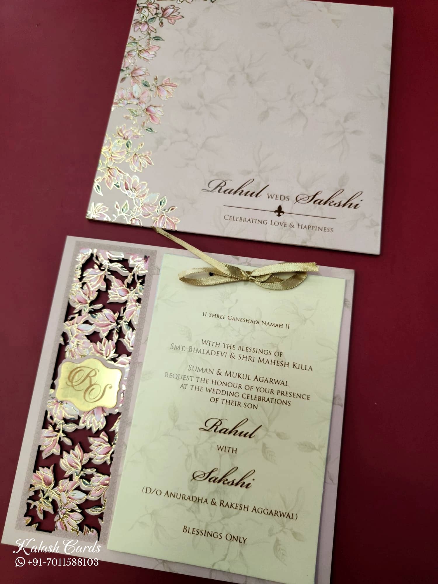 KLB679 Floral Design Pink Color Laser Cut MDF Thick Wedding Card (2 Page & Couple Initial Acrylic)