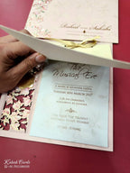 KLB679 Floral Design Pink Color Laser Cut MDF Thick Wedding Card (2 Page & Couple Initial Acrylic)