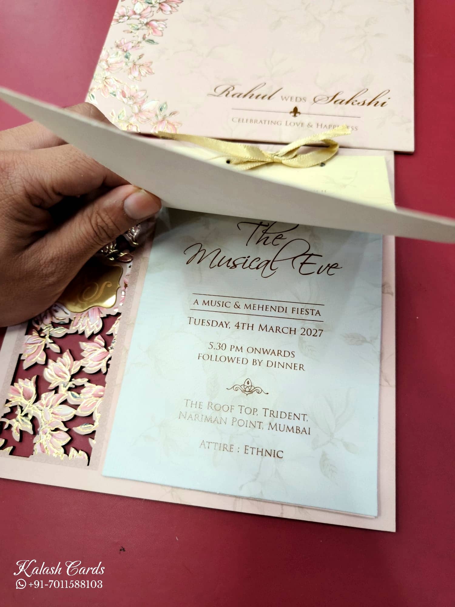 KLB679 Floral Design Pink Color Laser Cut MDF Thick Wedding Card (2 Page & Couple Initial Acrylic)