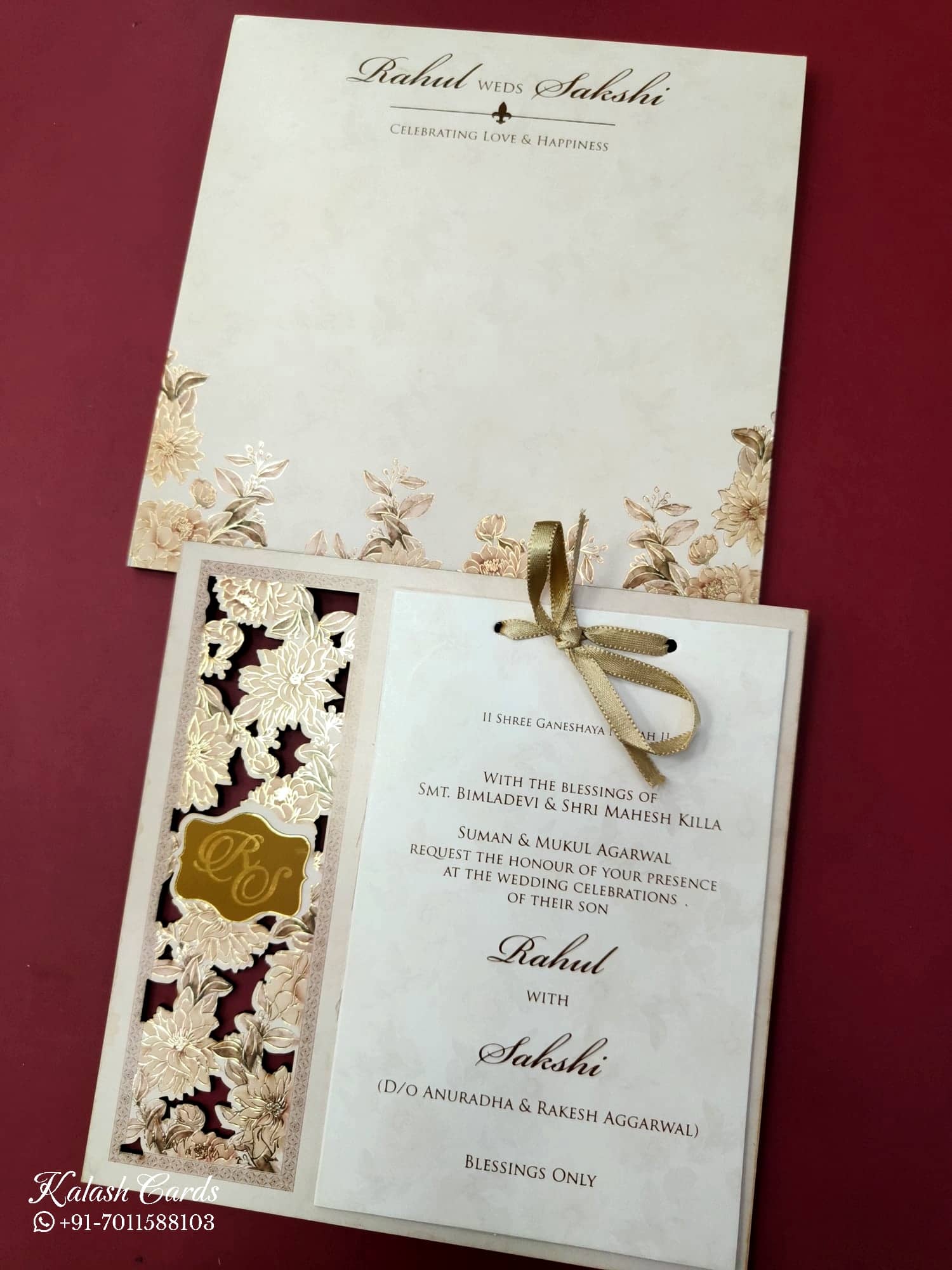 KLB680 Floral Design Creme Color Laser Cut MDF Thick Wedding Card (2 Page)
