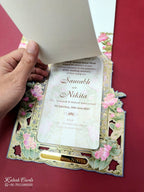 KLB681 Lotus Floral Design Green Color Laser Cut MDF Thick Wedding Card (2 Page & Couple Name Acrylic)