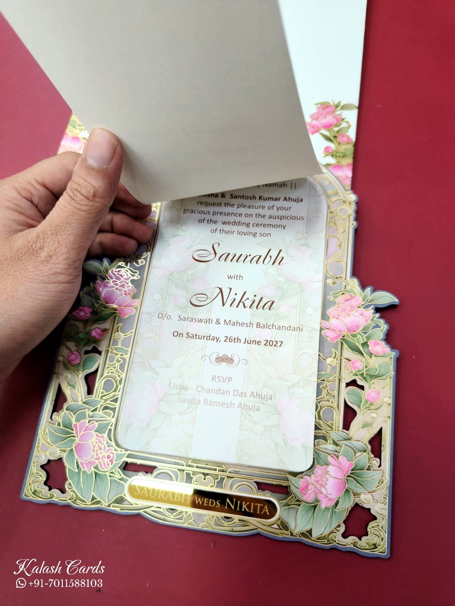 KLB681 Lotus Floral Design Green Color Laser Cut MDF Thick Wedding Card (2 Page & Couple Name Acrylic)