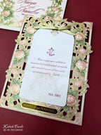 KLB682 Floral Design Green Pink Color Laser Cut MDF Thick Wedding Card (2 Page & Couple Name Acrylic)