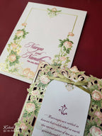 KLB682 Floral Design Green Pink Color Laser Cut MDF Thick Wedding Card (2 Page & Couple Name Acrylic)
