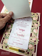 KLB682 Floral Design Green Pink Color Laser Cut MDF Thick Wedding Card (2 Page & Couple Name Acrylic)