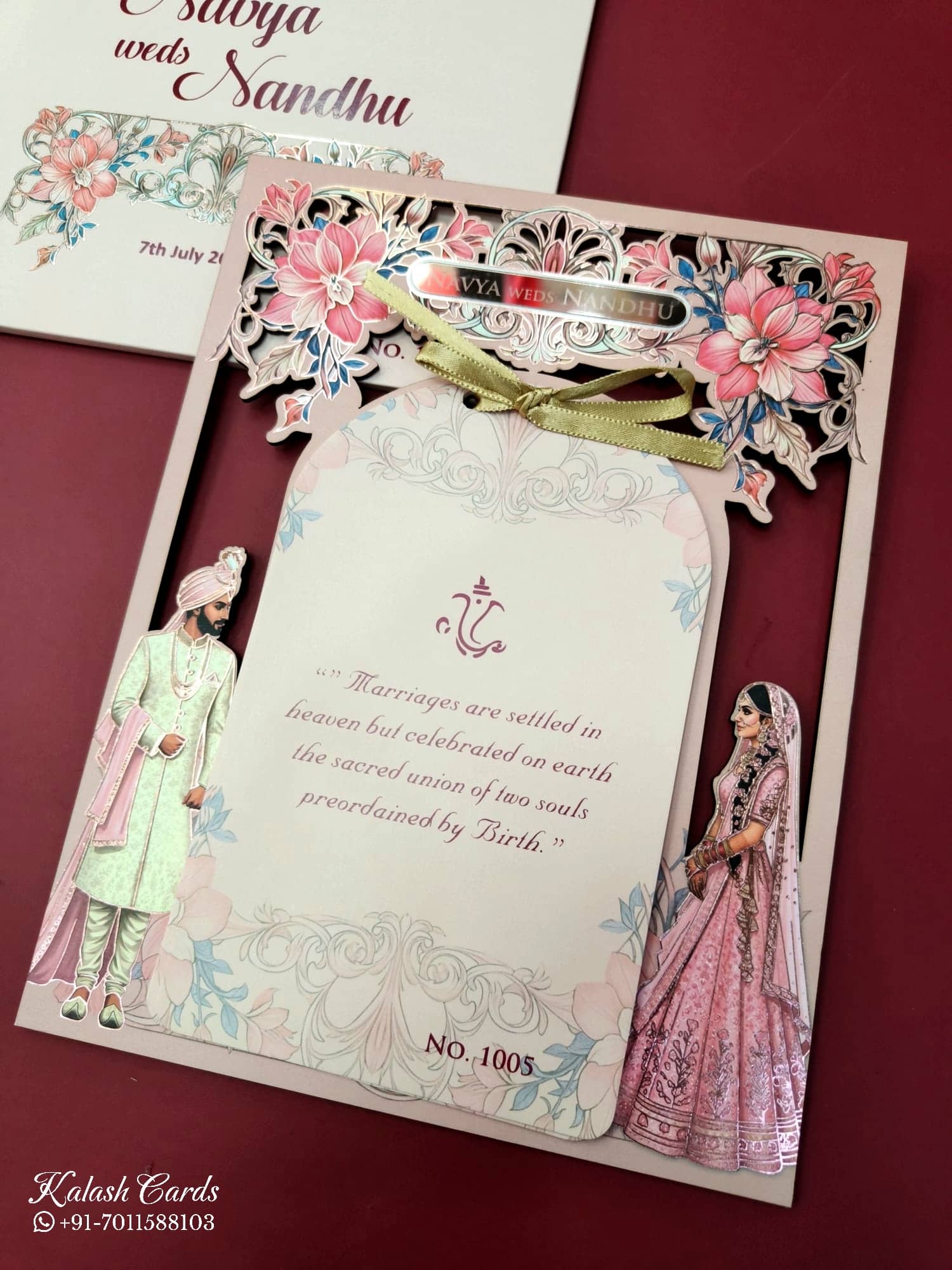 KLB683 Dulha Dulhan Design Pink Color Laser Cut MDF Thick Wedding Card (2 Page & Couple Name Acrylic)