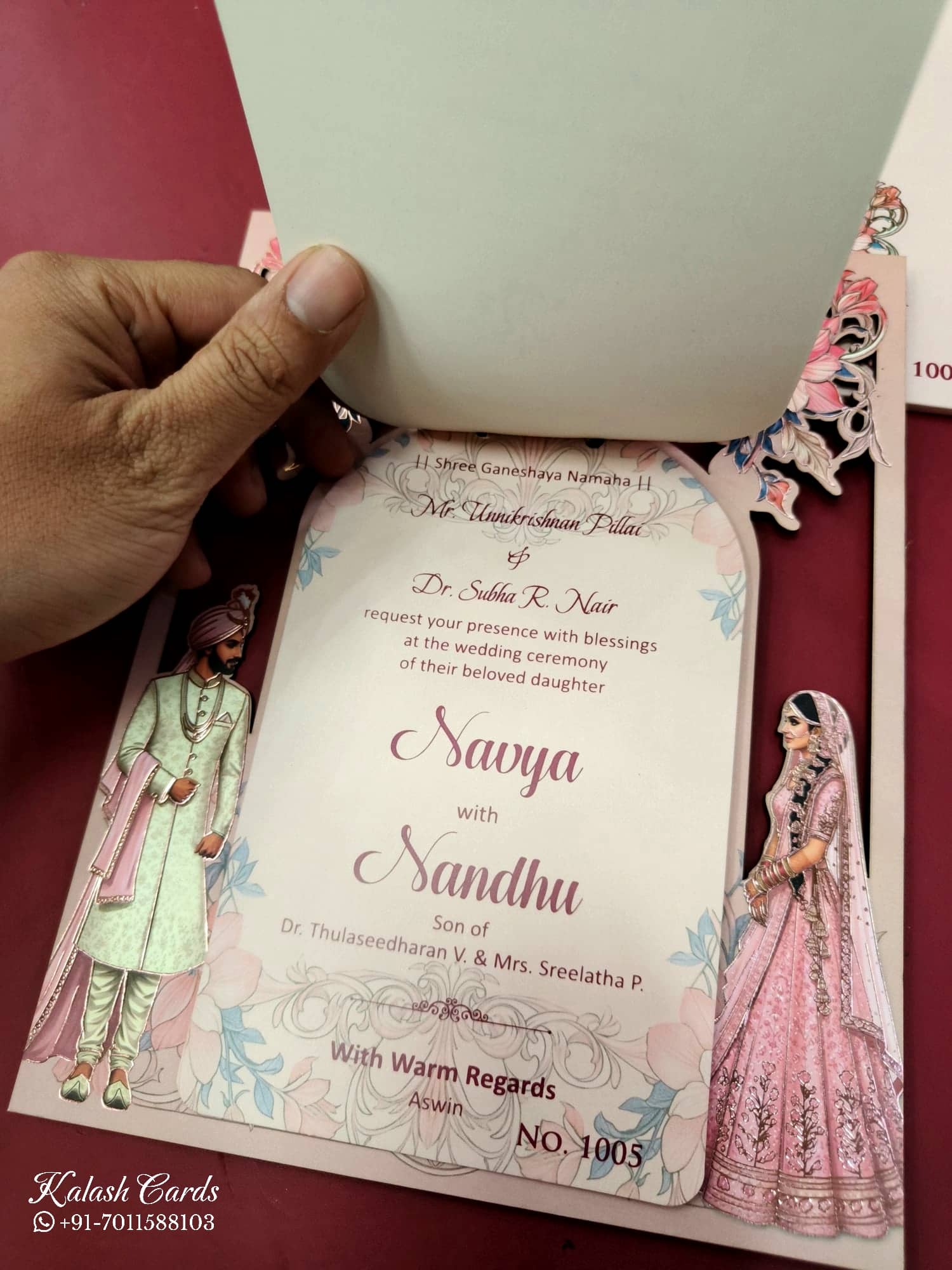 KLB683 Dulha Dulhan Design Pink Color Laser Cut MDF Thick Wedding Card (2 Page & Couple Name Acrylic)