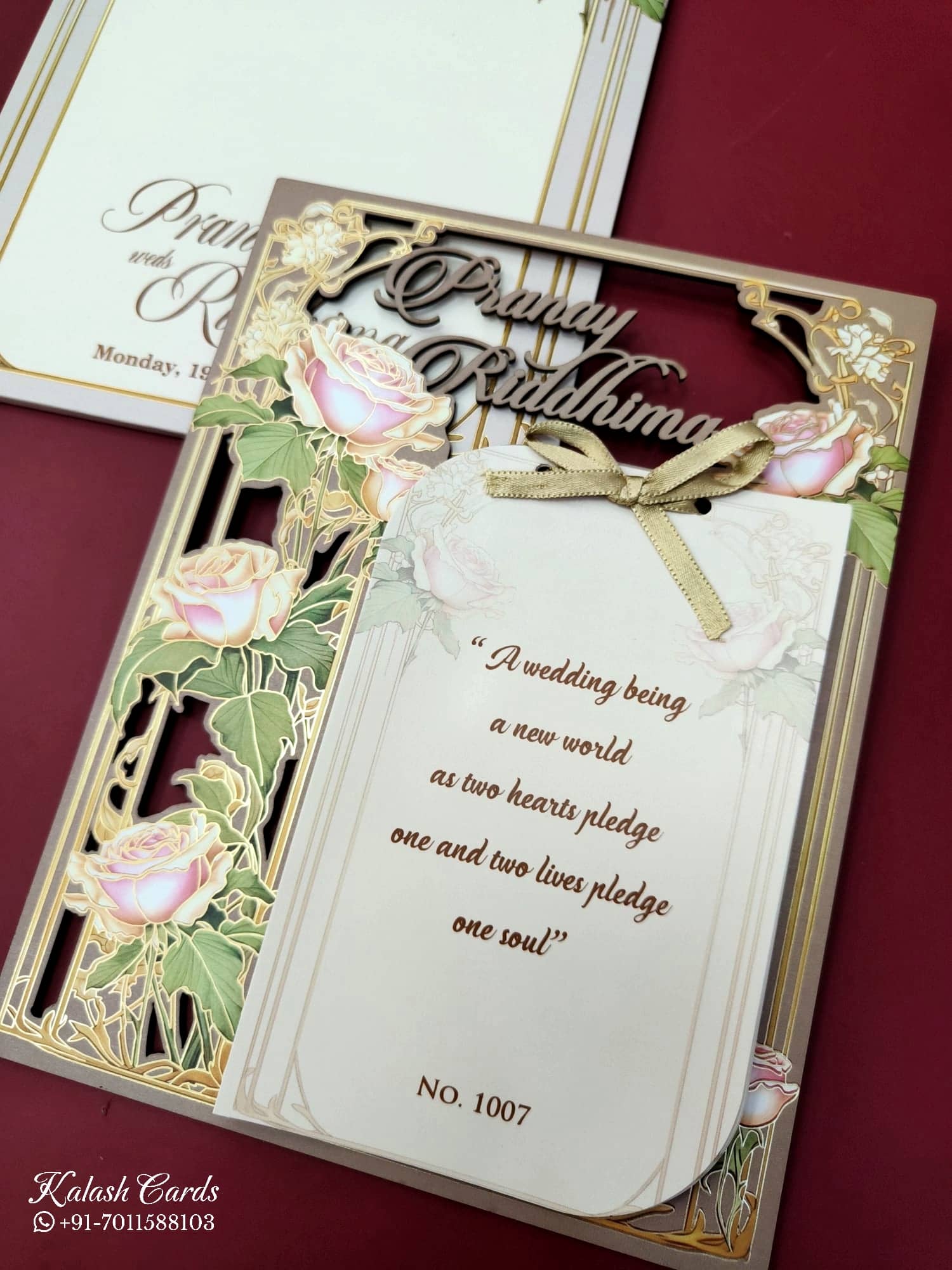 KLB684 Floral Design Green Pink Color Couple Name Laser Cut MDF Thick Wedding Card (2 Page)