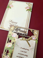 KLB684 Floral Design Green Pink Color Couple Name Laser Cut MDF Thick Wedding Card (2 Page)