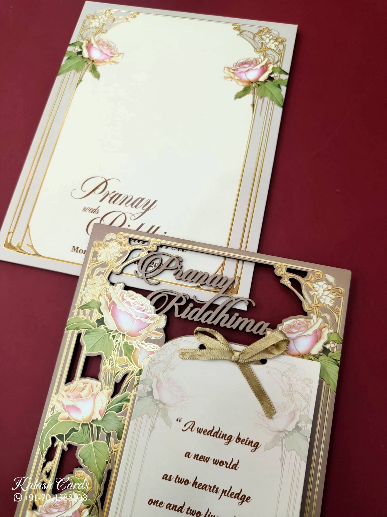 KLB684 Floral Design Green Pink Color Couple Name Laser Cut MDF Thick Wedding Card (2 Page)