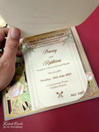 KLB684 Floral Design Green Pink Color Couple Name Laser Cut MDF Thick Wedding Card (2 Page)