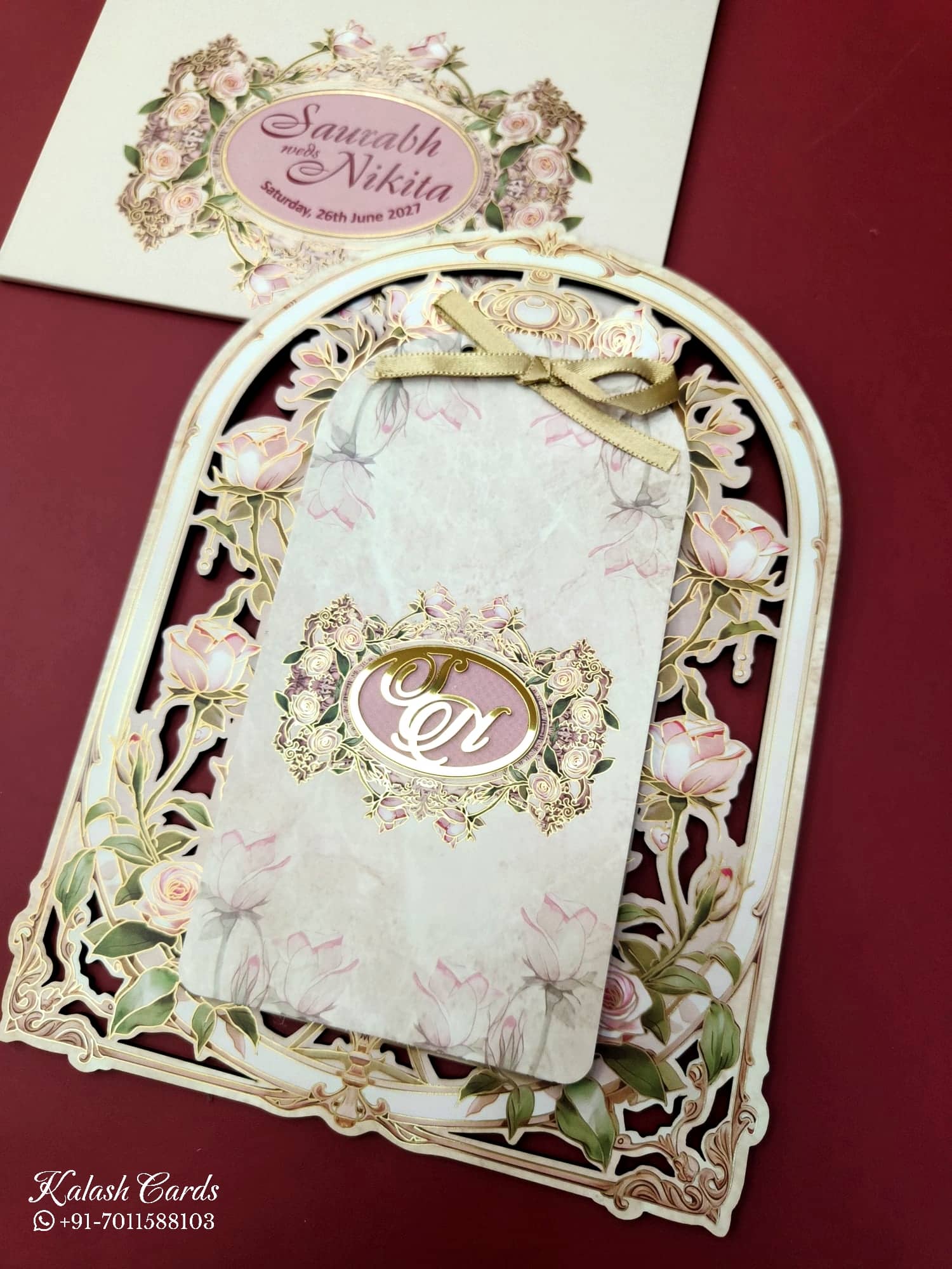 KLB685 Floral Design Creme Color Laser Cut MDF Thick Wedding Card (2 Page & Couple Initial Acrylic)