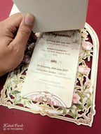 KLB685 Floral Design Creme Color Laser Cut MDF Thick Wedding Card (2 Page & Couple Initial Acrylic)