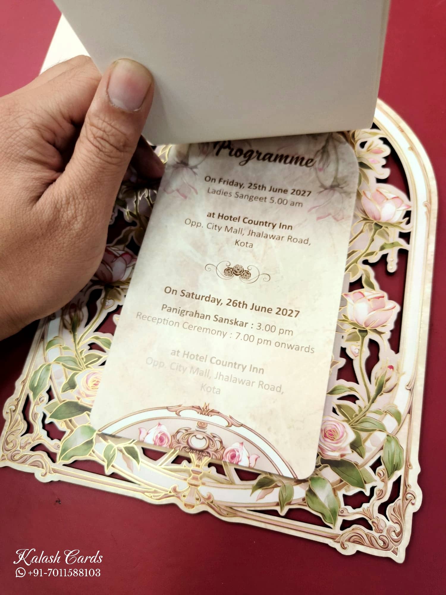 KLB685 Floral Design Creme Color Laser Cut MDF Thick Wedding Card (2 Page & Couple Initial Acrylic)