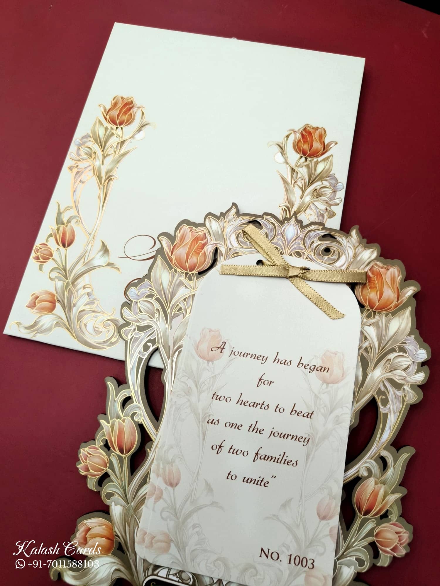 KLB686 Floral Design Grey Color Laser Cut MDF Thick Wedding Card (2 Page & Couple Name Acrylic)