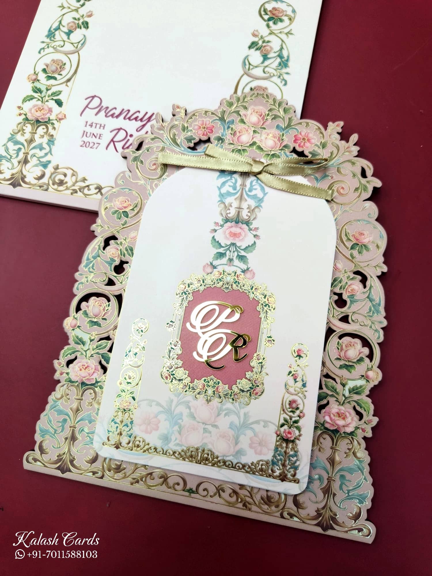 KLB687 Floral Traditional Design Creme Brown Color Laser Cut MDF Thick Wedding Card (2 Page & Couple Initial Acrylic)