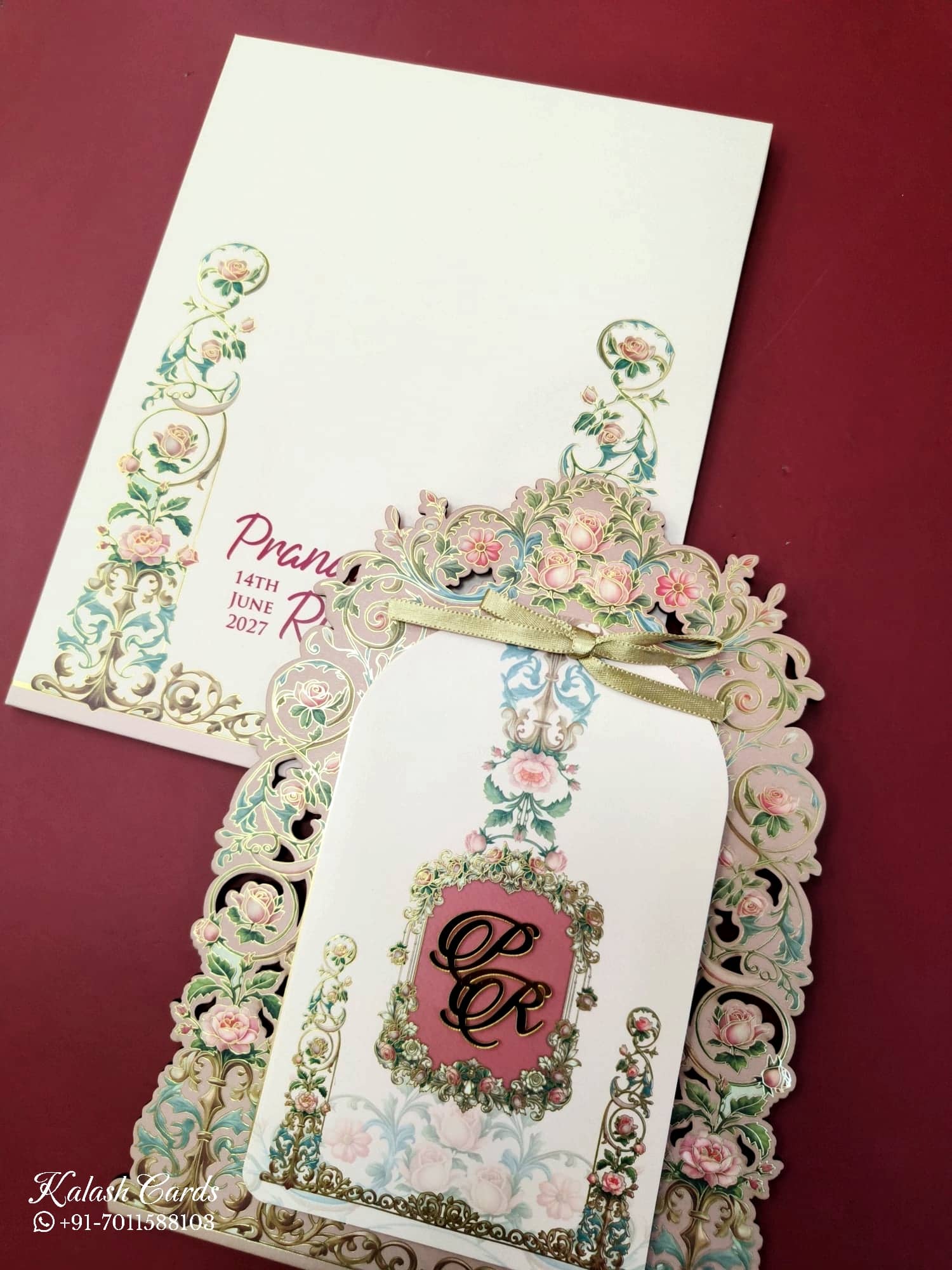 KLB687 Floral Traditional Design Creme Brown Color Laser Cut MDF Thick Wedding Card (2 Page & Couple Initial Acrylic)