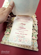 KLB687 Floral Traditional Design Creme Brown Color Laser Cut MDF Thick Wedding Card (2 Page & Couple Initial Acrylic)