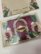 KLB688 Floral Peacock Design Maroon Brown Color Laser Cut MDF Thick Wedding Card (2 Page & Couple Name Acrylic)