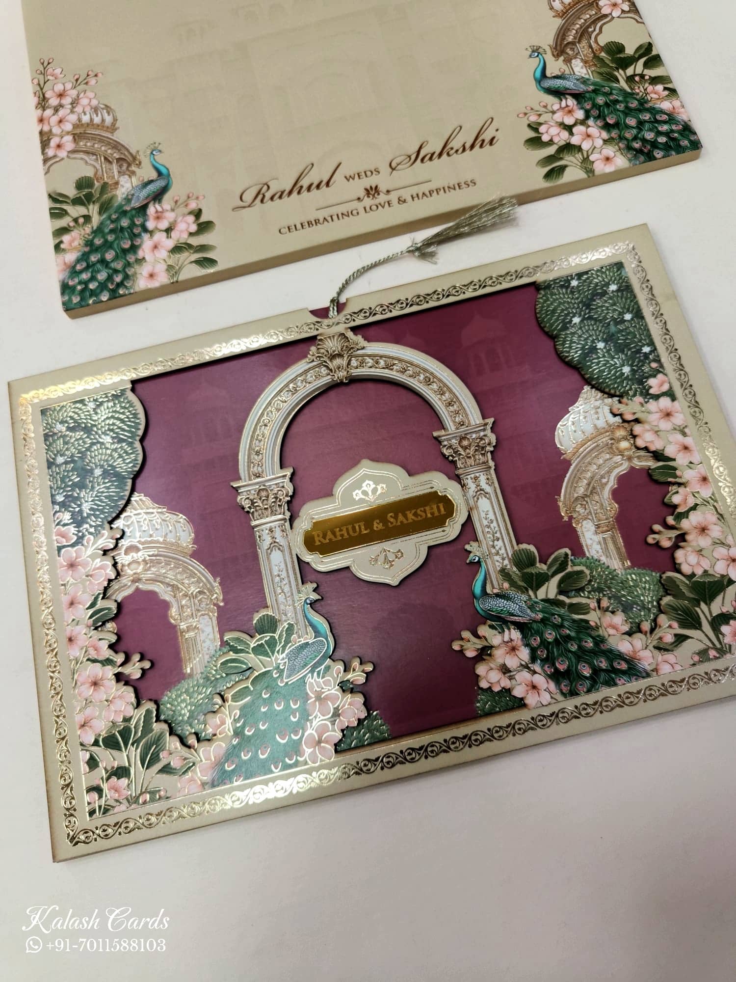 KLB688 Floral Peacock Design Maroon Brown Color Laser Cut MDF Thick Wedding Card (2 Page & Couple Name Acrylic)