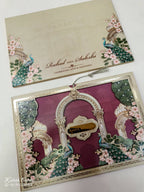 KLB688 Floral Peacock Design Maroon Brown Color Laser Cut MDF Thick Wedding Card (2 Page & Couple Name Acrylic)