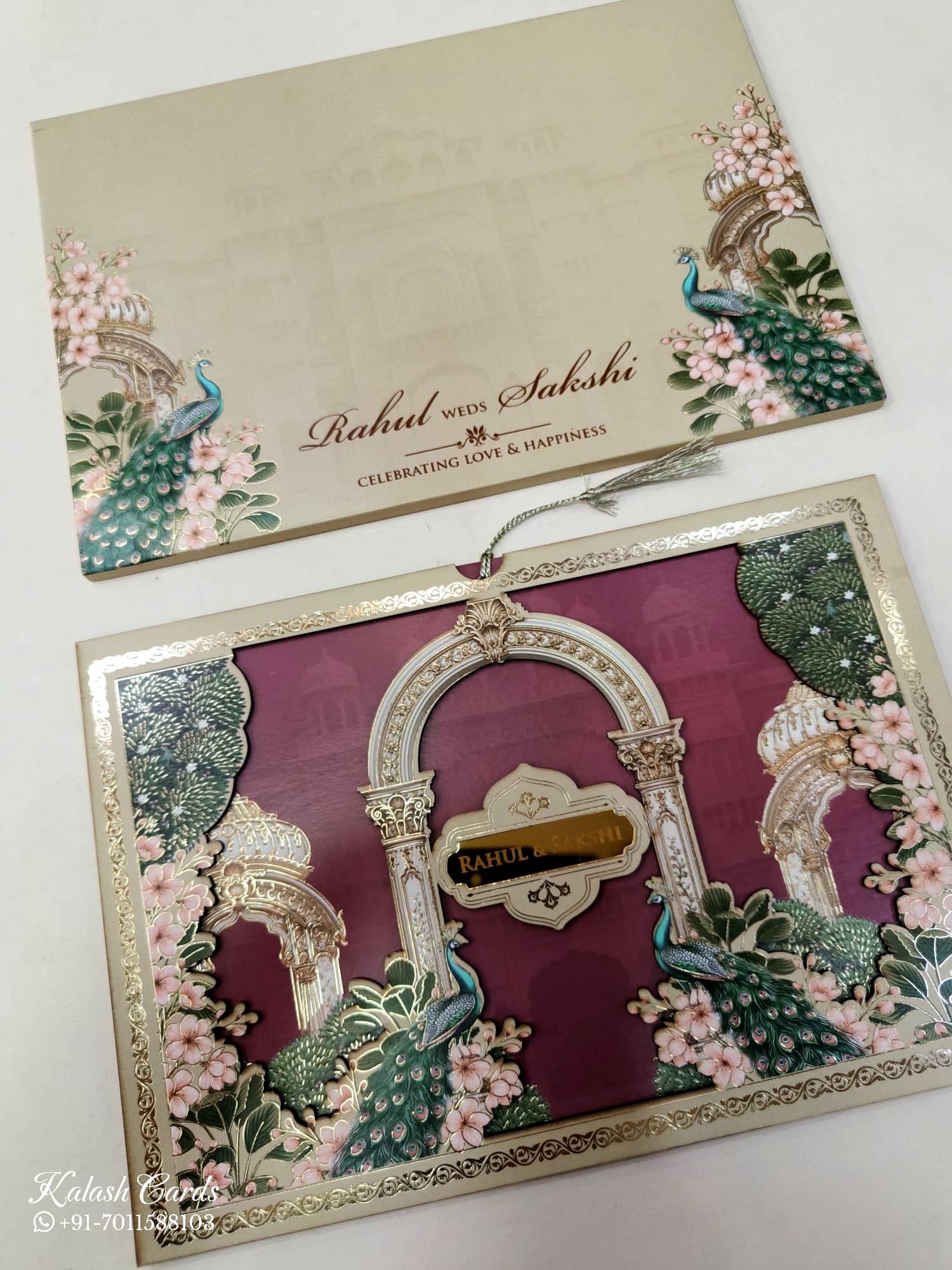KLB688 Floral Peacock Design Maroon Brown Color Laser Cut MDF Thick Wedding Card (2 Page & Couple Name Acrylic)
