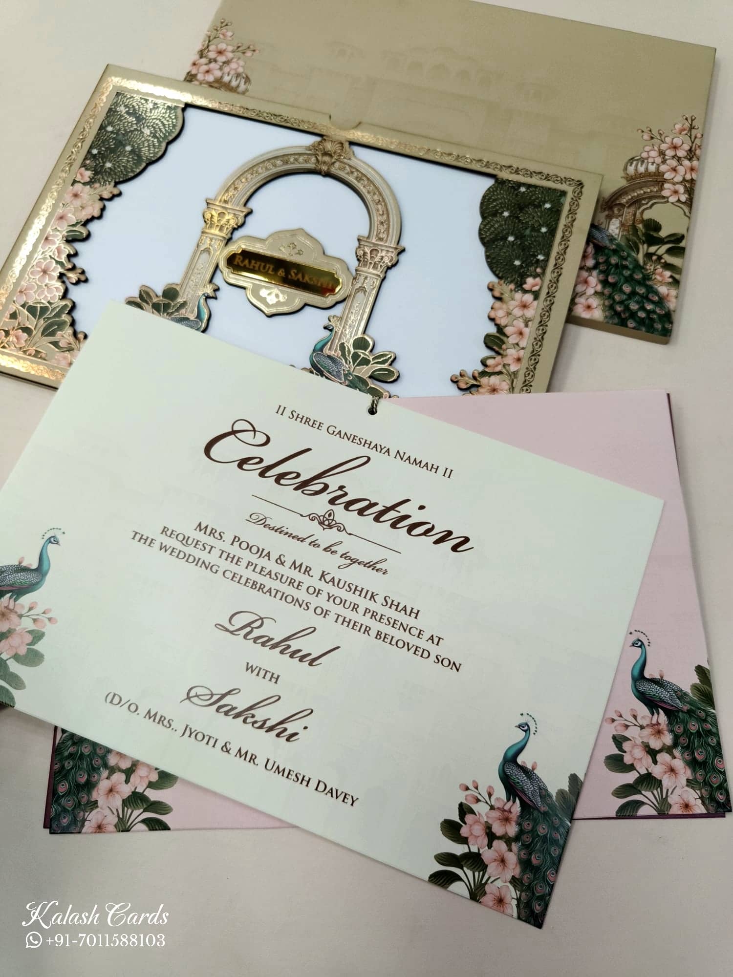 KLB688 Floral Peacock Design Maroon Brown Color Laser Cut MDF Thick Wedding Card (2 Page & Couple Name Acrylic)