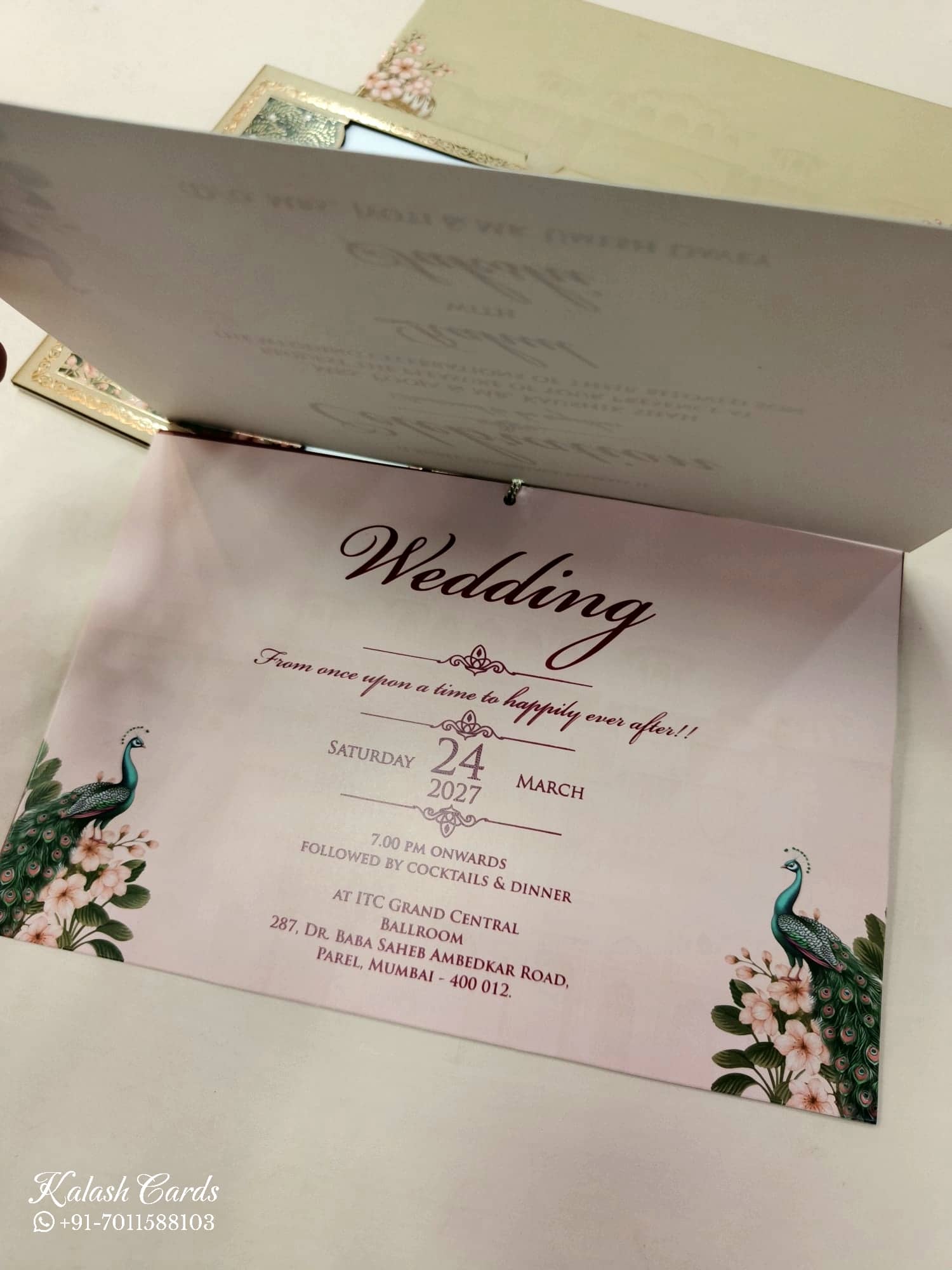 KLB688 Floral Peacock Design Maroon Brown Color Laser Cut MDF Thick Wedding Card (2 Page & Couple Name Acrylic)