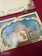 KLB689 Royal Fort Elephant Design Royal Blue Brown Color Laser Cut MDF Thick Wedding Card (2 Page & Couple Initial Acrylic)