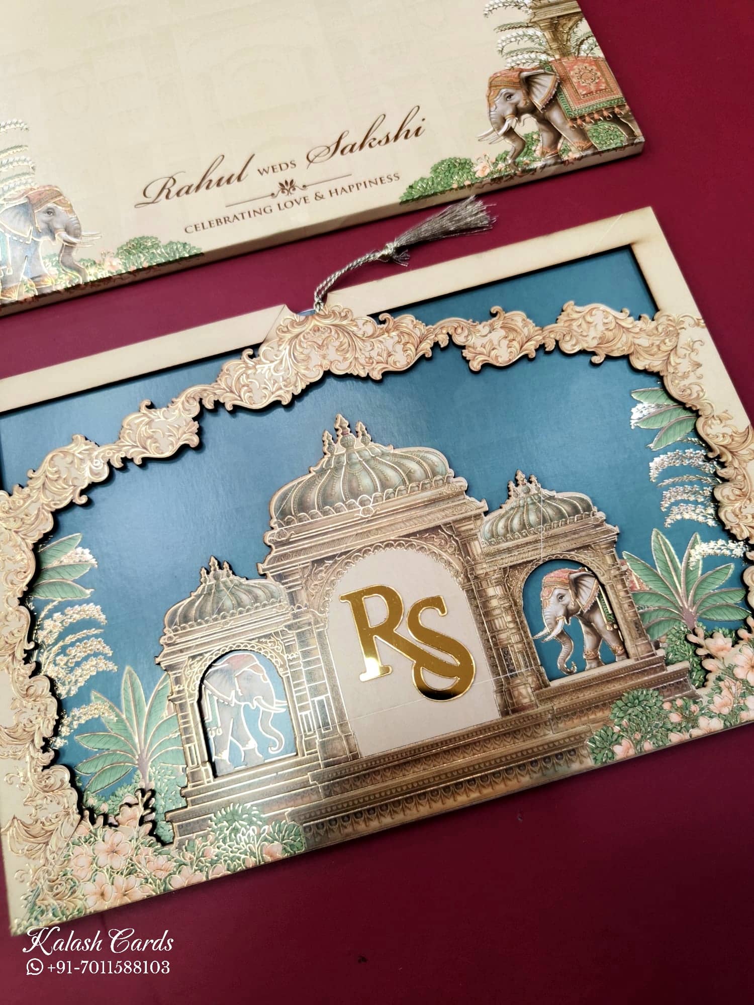 KLB689 Royal Fort Elephant Design Royal Blue Brown Color Laser Cut MDF Thick Wedding Card (2 Page & Couple Initial Acrylic)