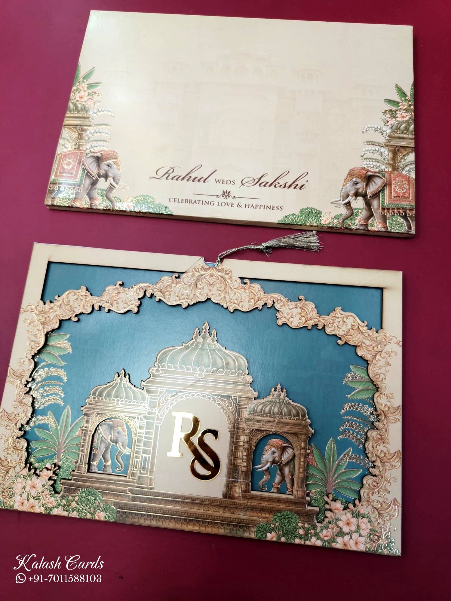KLB689 Royal Fort Elephant Design Royal Blue Brown Color Laser Cut MDF Thick Wedding Card (2 Page & Couple Initial Acrylic)