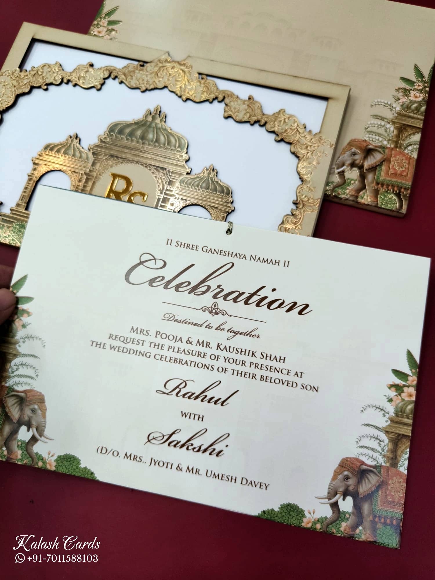 KLB689 Royal Fort Elephant Design Royal Blue Brown Color Laser Cut MDF Thick Wedding Card (2 Page & Couple Initial Acrylic)
