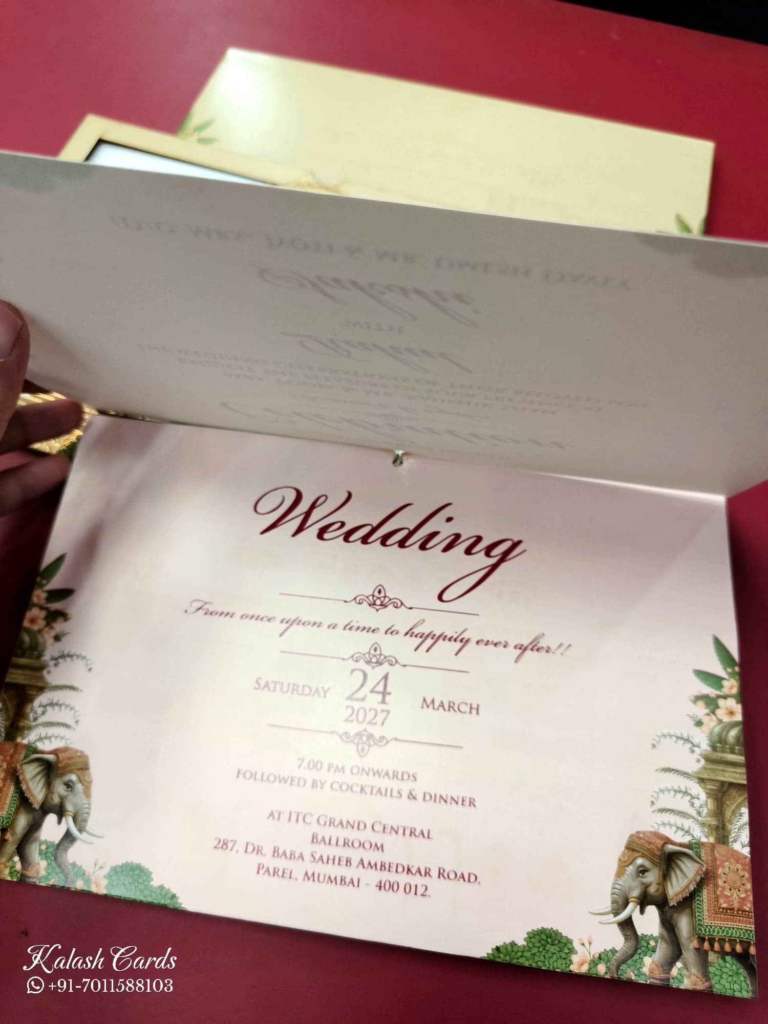 KLB689 Royal Fort Elephant Design Royal Blue Brown Color Laser Cut MDF Thick Wedding Card (2 Page & Couple Initial Acrylic)