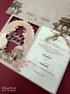 KLB690 Royal Fort Elephant Design Pink Brown Color Couple Name Laser Cut MDF Thick Wedding Card (2 Page)