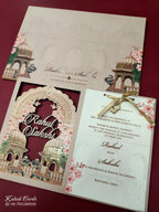 KLB690 Royal Fort Elephant Design Pink Brown Color Couple Name Laser Cut MDF Thick Wedding Card (2 Page)
