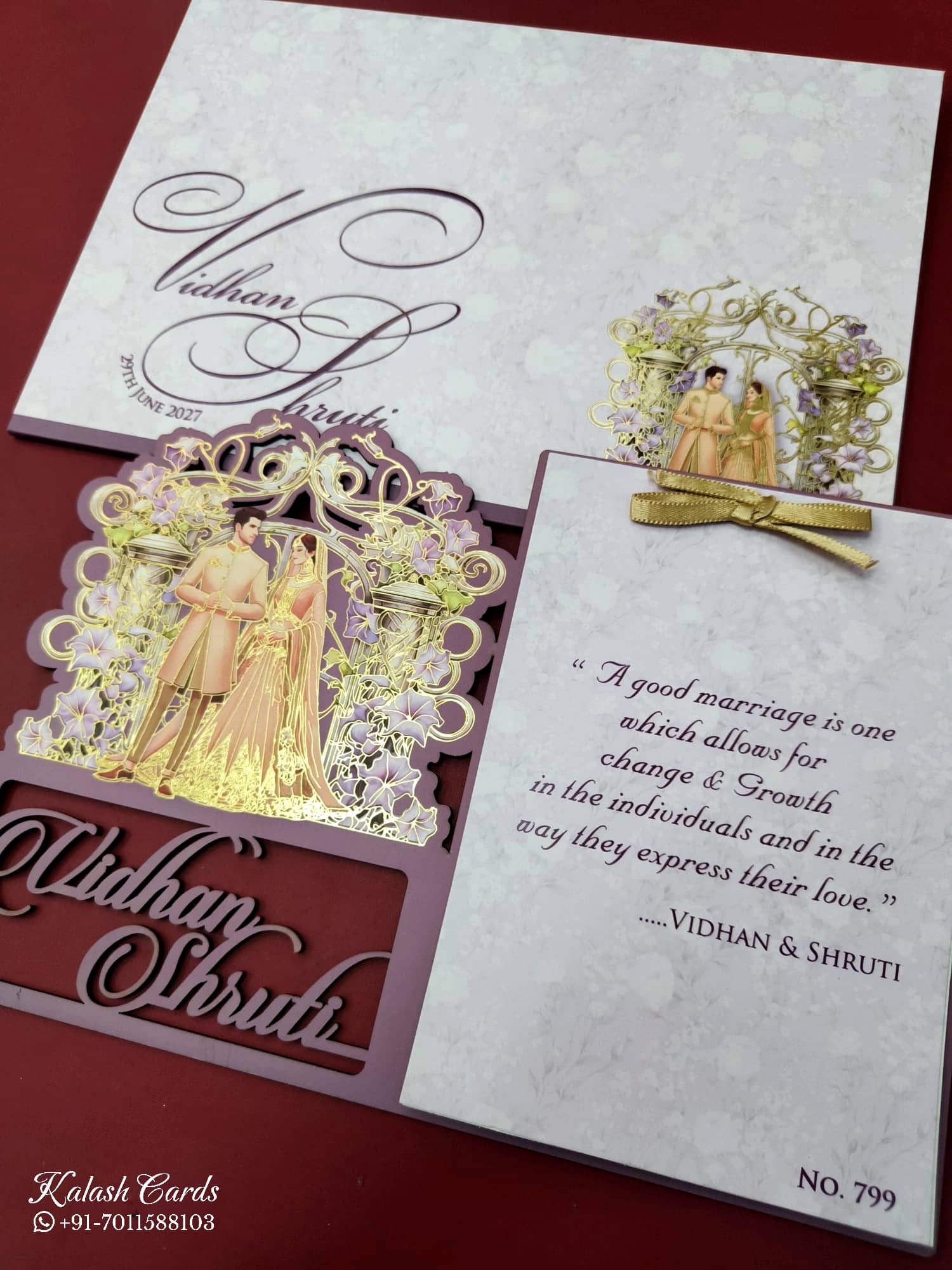KLB691 Dulha Dulhan Design Purple Color Couple Name Laser Cut MDF Thick Wedding Card (2 Page)