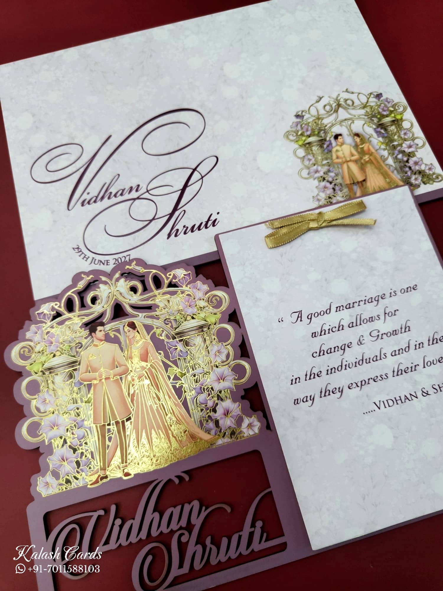KLB691 Dulha Dulhan Design Purple Color Couple Name Laser Cut MDF Thick Wedding Card (2 Page)